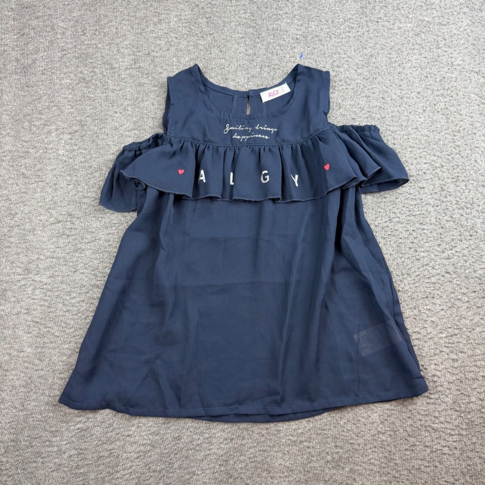 ALGY Cold Shoulder Top Girls XS 140 Navy Blue Ruffle Heart G309039